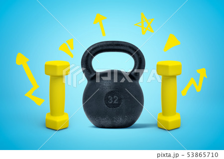 3d rendering of black kettlebell and two yellow dumbbells on blue background 53865710