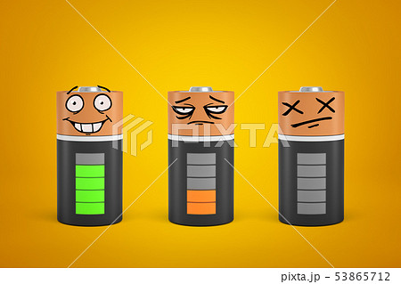 3d rendering of three smiley faced discharged and fully charged batteries on yellow background 3d rendering of three smiley faced discharged and fully charged batteries on yellow background 53865712