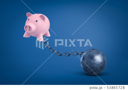 3d rendering of pink piggy bank chained to metal ball on blue background. 3d rendering of pink piggy bank chained to metal ball on blue background. 53865728
