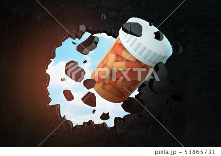 3d closeup rendering of transparent orange jar full of two-colored pills breaking hole in black wall 3d closeup rendering of transparent orange jar full of two-colored pills breaking hole in black wall 53865731