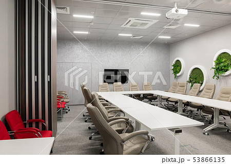 Minsk, Belarus - May 23, 2019: Interior of empty modern board room at creative office Minsk, Belarus - May 23, 2019: Interior of empty modern board room at creative office 53866135