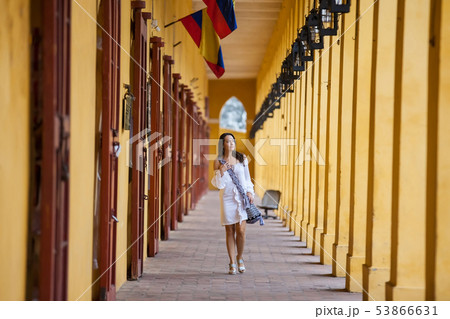 Woman walking at the walled city in Cartagena 53866631