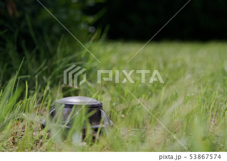 Closeup of an pop-up sprinkler in a green lawn 53867574