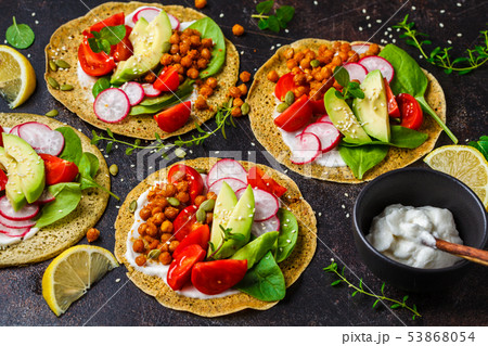 Vegan tacos with baked chickpeas, avocado 53868054