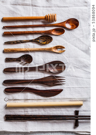 Eco friendly bamboo cutlery, zero waste concept. 53868094