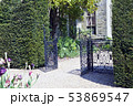 garden open black iron gate between trimmed hedge 53869547