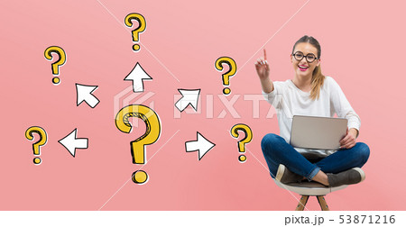 Big and small question marks with arrows with young woman Big and small question marks with arrows with young woman 53871216