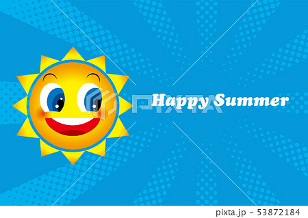 暑中お見舞いテンプレート アメコミ風の太陽のキャラクターと 夏のイメージのイラスト 背景のイラスト素材