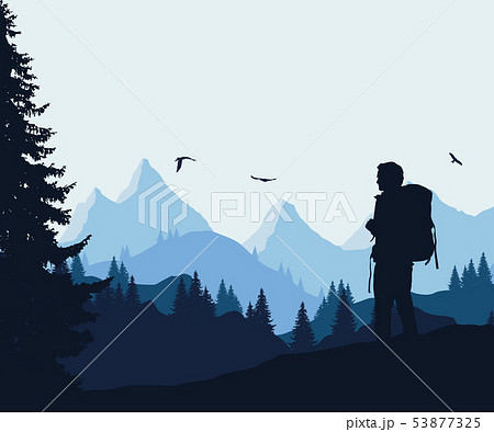 Vector illustration of a mountain landscape with a Vector illustration of a mountain landscape with a 53877325