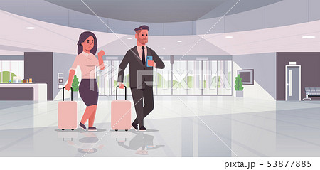 businesspeople with luggage couple standing at reception area business man woman holding suitcase 53877885