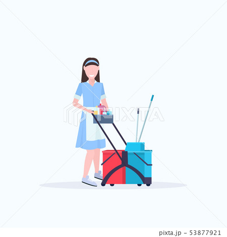 woman housemaid holding trolley cart with supplies female cleaner janitor in uniform cleaning 53877921