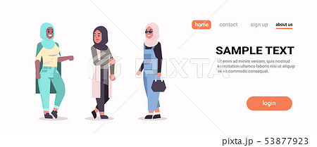 arabic women in hijab discussing arab girls wearing headscarf traditional clothes standing together 53877923