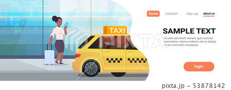 businesswoman using mobile app ordering taxi on street african american business woman with luggage businesswoman using mobile app ordering taxi on street african american business woman with luggage 53878142