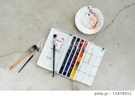 Watercolor aquarelle paints in box with palette 53878912