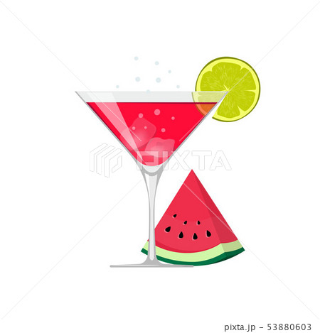 Cocktail drink glass vector illustration with ice and watermelon slice isolated on white flat Cocktail drink glass vector illustration with ice and watermelon slice isolated on white flat 53880603