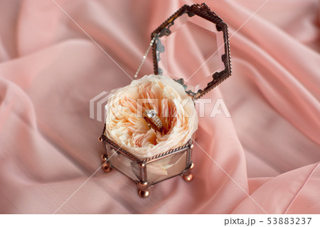 Wedding decor vintage glass square box with peony rose inside and wedding ring invitation card Wedding decor vintage glass square box with peony rose inside and wedding ring invitation card 53883237