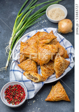 Small pies with meat samosa - oriental cuisine. Small pies with meat samosa - oriental cuisine. 53883727