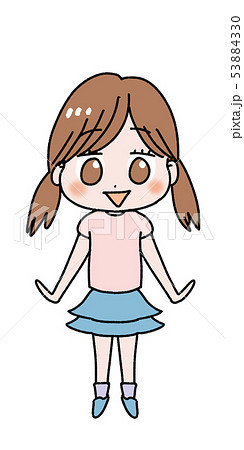 女の子 半そで Tシャツ おさげ 小学生 イラスト かわいい スカートのイラスト素材