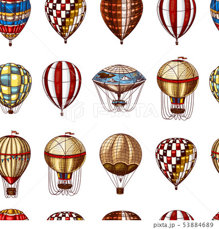 Hot Air Balloons seamless pattern. Vector retro flying airships. Template transport for Romantic 53884689