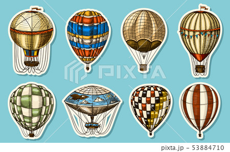 Hot Air Balloons on a blue background. Vector retro flying airships with decorative elements 53884710