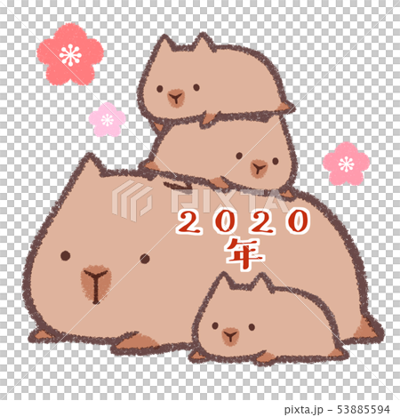 寝そべるカピバラ親子タワー 花のイラスト素材