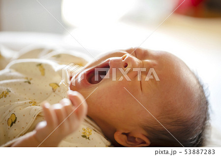 生後2週間の赤ちゃんが大あくびしている顔の写真素材 5372