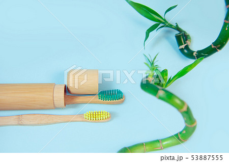 Flat lay composition with bamboo toothbrush and space for text 53887555