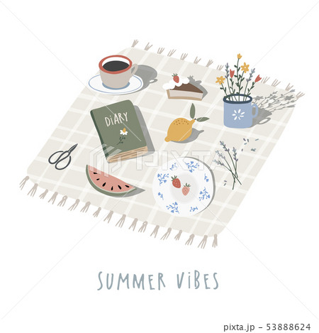 Hand drawn summer picnic background, invitation. Checkered plaid, blanket with cup of coffee, lemon 53888624
