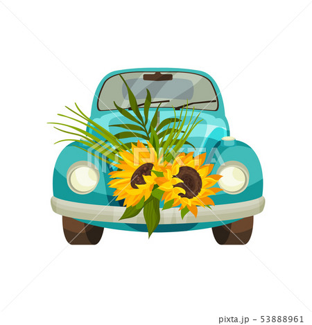 Blue car with flowers of sunflower. Vector illustration on white background. Blue car with flowers of sunflower. Vector illustration on white background. 53888961