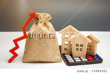 Money bag with the word Utilities and an up arrow 53889362