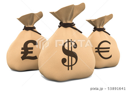 Money bags with dollar, euro and pound sterling 53891641
