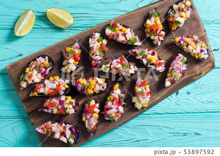 Traditional  Peruvian food background with mussels 53897592
