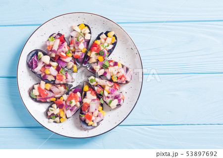 Traditional  Peruvian food background with mussels 53897692