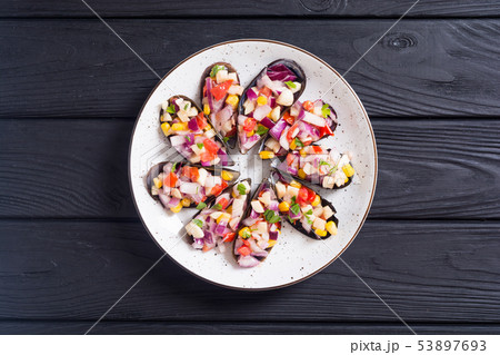 Traditional  Peruvian food background with mussels 53897693