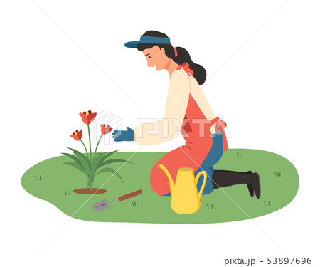 Farming Woman in Garden with Flowers and Tools 53897696
