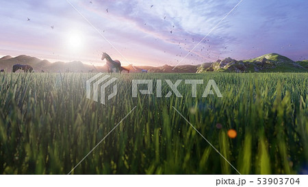 A herd of young horses graze on a picturesque green meadow on a beautiful summer morning. 3D A herd of young horses graze on a picturesque green meadow on a beautiful summer morning. 3D 53903704