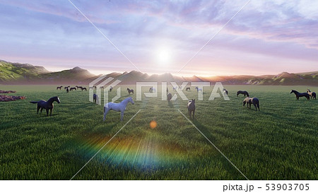 A herd of young horses graze on a picturesque green meadow on a beautiful summer morning. 3D A herd of young horses graze on a picturesque green meadow on a beautiful summer morning. 3D 53903705