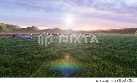 A herd of young horses graze on a picturesque green meadow on a beautiful summer morning. 3D A herd of young horses graze on a picturesque green meadow on a beautiful summer morning. 3D 53903706