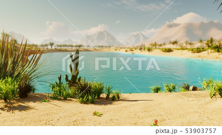 An oasis in the desert. Clear hot day. Distant mountains, sand dunes and a sultry sky. Beautiful An oasis in the desert. Clear hot day. Distant mountains, sand dunes and a sultry sky. Beautiful 53903757