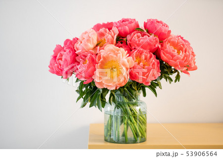 Coral peonies in a glass vase on wooden table.. Beautiful peony flower for catalog or online store 53906564