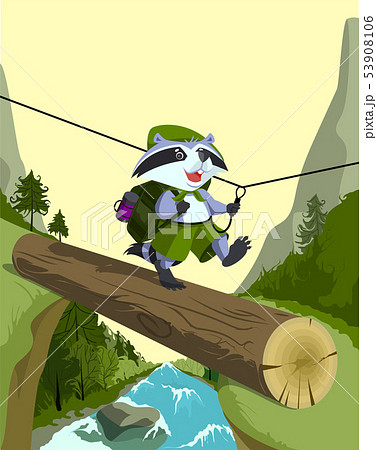 Scout Raccoon Goes On A Log Crossing The Mountainのイラスト素材