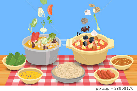 hotpot and ingredients on the wooden table 53908170
