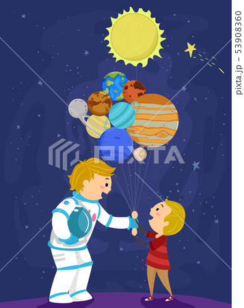 Stickman Kid Boy Dad Balloon Planets Illustration 53908360