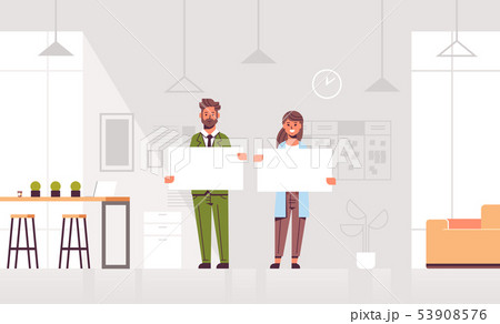 businesspeople couple holding empty blank signboard business man woman partners showing blank white businesspeople couple holding empty blank signboard business man woman partners showing blank white 53908576