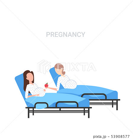 girl with baby bump giving apple to pregnant woman lying in hospital bed pregnancy concept flat full 53908577