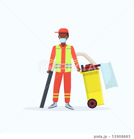 male street janitor holding professional vacuum cleaner african american man vacuuming garbage male street janitor holding professional vacuum cleaner african american man vacuuming garbage 53908665