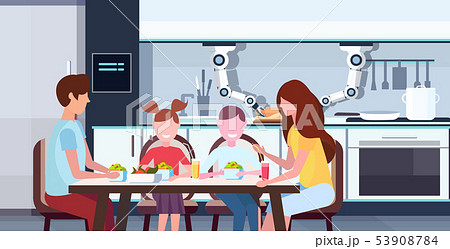 smart handy chef robot rolling dough for family sitting at dinning table robotic assistant 53908784