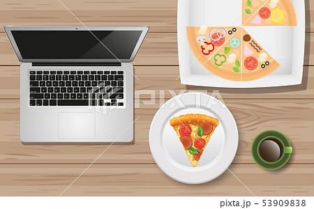 computer labtop and pizza on the wooden tableのイラスト素材 [53909838] - PIXTA