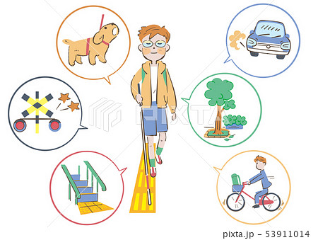 道路の安全を確認しながら歩く白杖を持った視覚弱者の男の子 イラスト 53911014