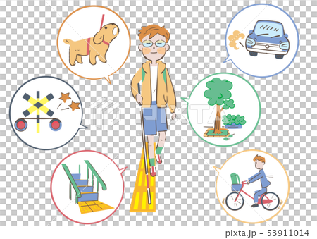 道路の安全を確認しながら歩く白杖を持った視覚弱者の男の子 イラスト 53911014